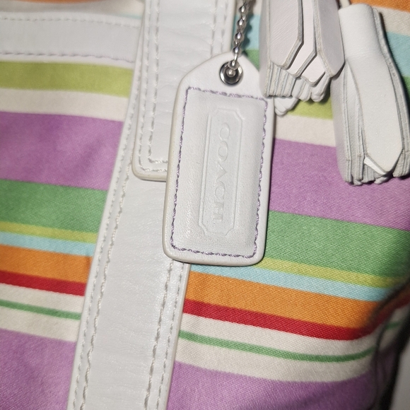 Colorful Striped Coach Multi Color Canvas Tote Bag. Leather straps. - Picture 4 of 8